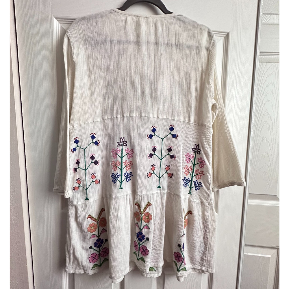 Gianni Bini Womens Large White Gauzy Embroidered Boho Tassle Tie Coverup Tunic - Picture 2 of 9